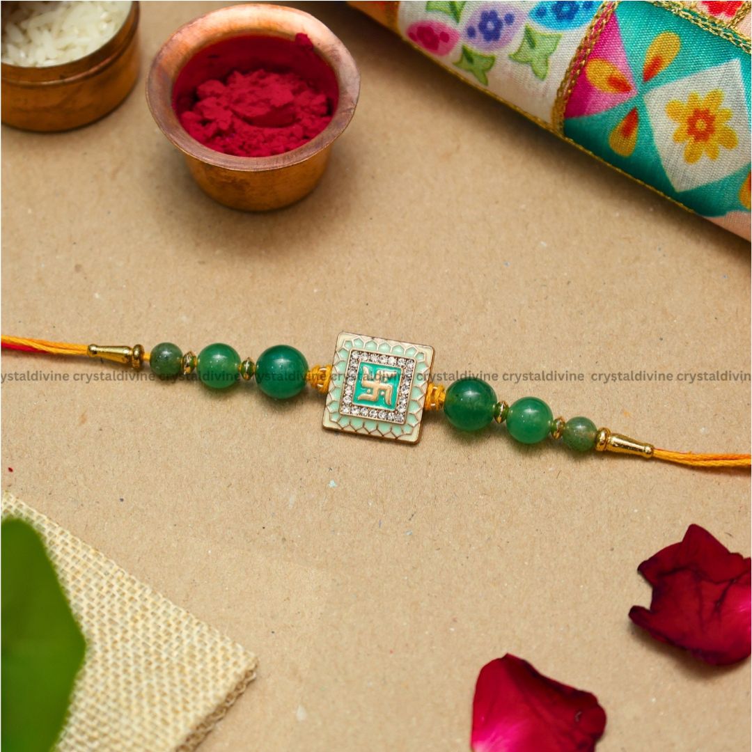 Green Aventurine Swastik Crystal Rakhi (Prosperity & Good Fortune)