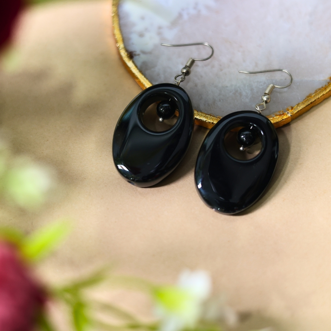 Black Tourmaline Oval Crystal Earrings for Women | Healing Jewelry