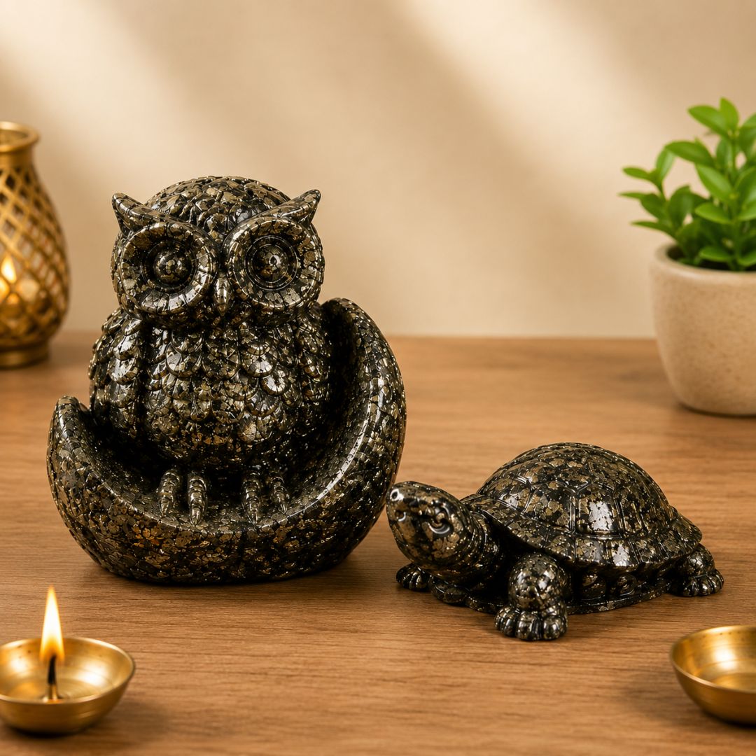 Pyrite Owl & Turtle Crystal Combo ((Wealth & Prosperity)