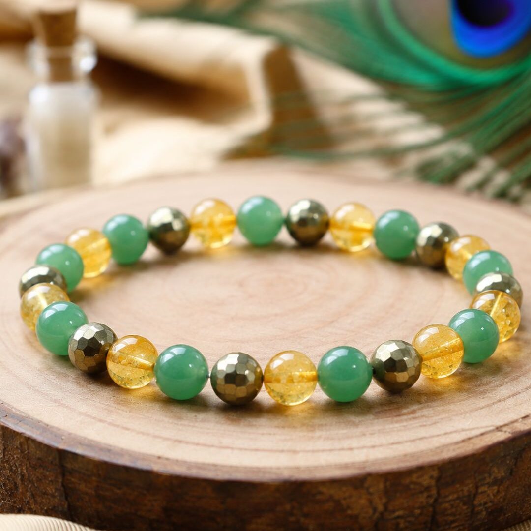 Green Aventurine, Citrine & Pyrite Crystal Bracelet – Prosperity & Success Combo | 100% Natural AAA Beads