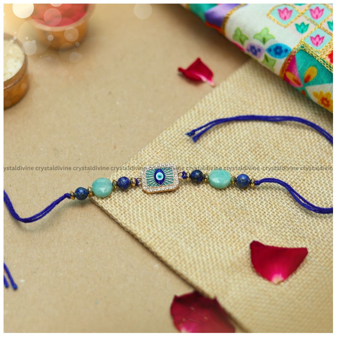Evil Eye Rectangle Shape Crystal Rakhi (Symbol of Protection, Positivity & Prosperity)