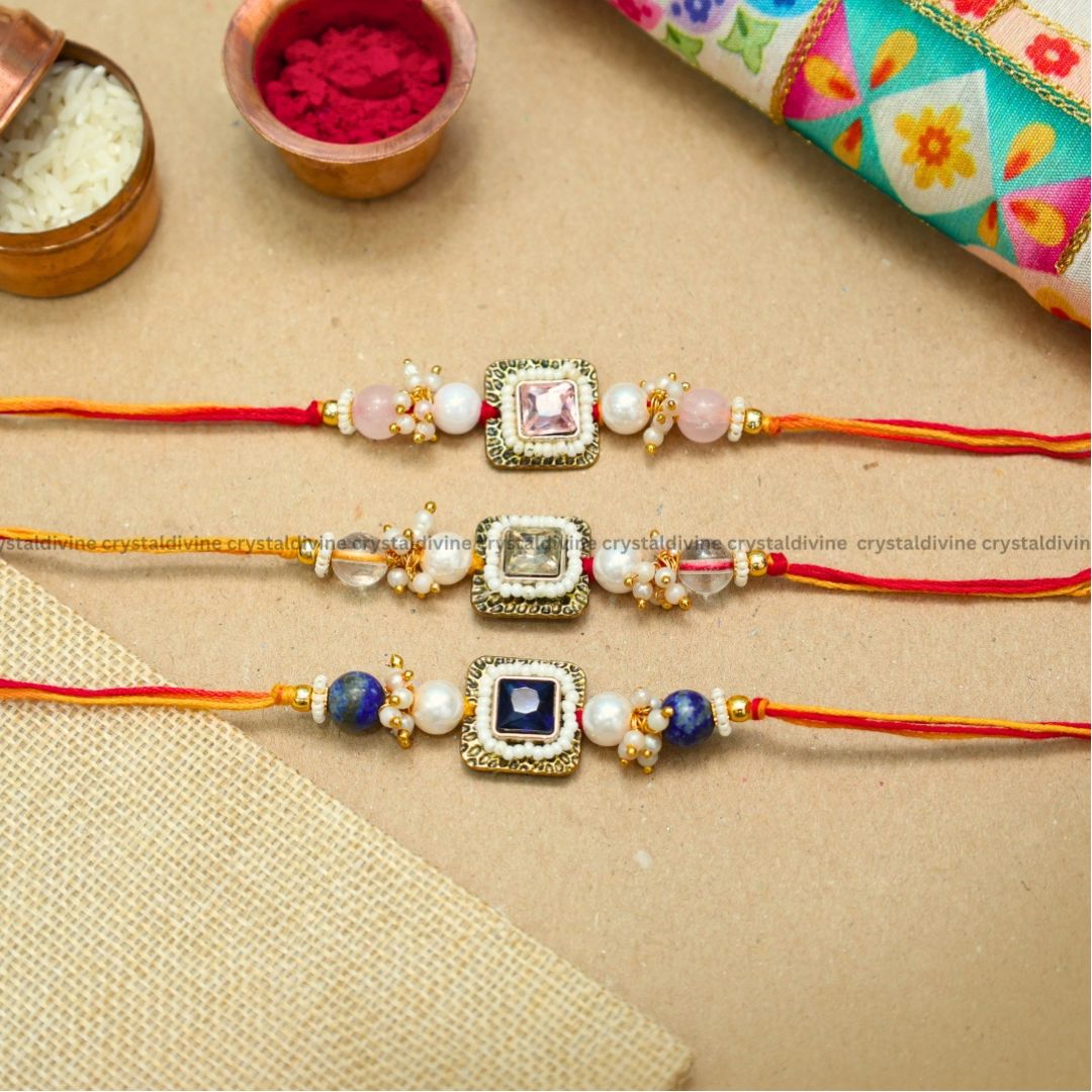 Square Design Crystal Rakhi Set of 3(Love & Protection)