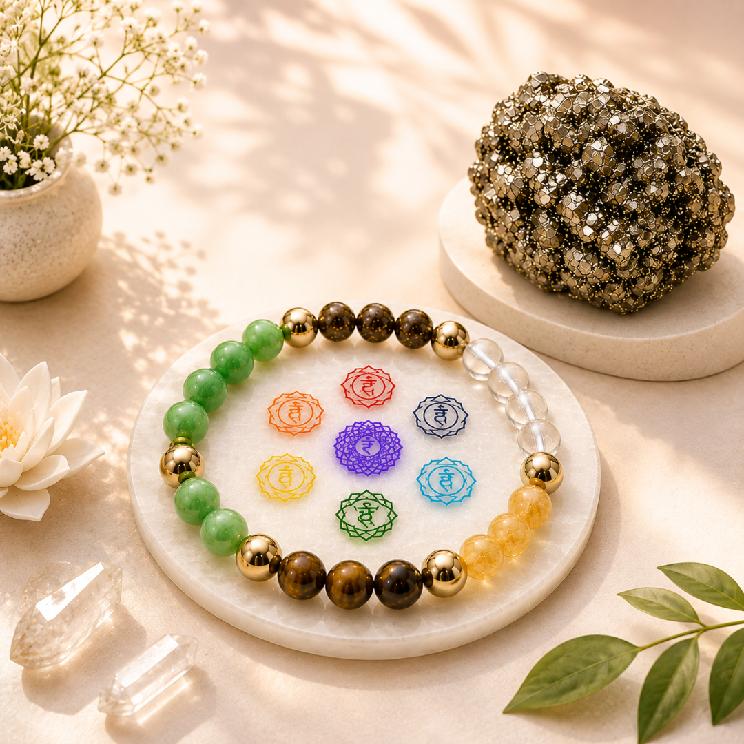 Dhanyog Prosperity Bracelet + 7 Chakra Plate + FREE Pyrite Raw (Wealth & Prosperity | Positive Energy)