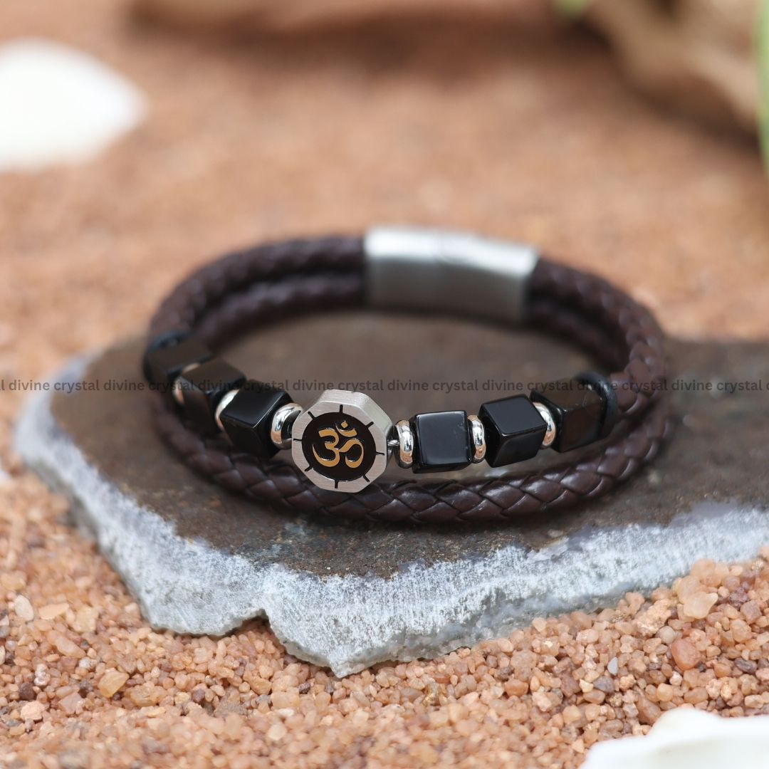 Aum Shield | Obsidian Leather Bracelet