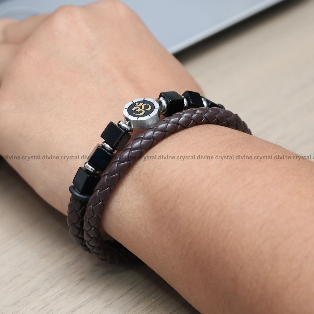 Aum Shield | Obsidian Leather Bracelet