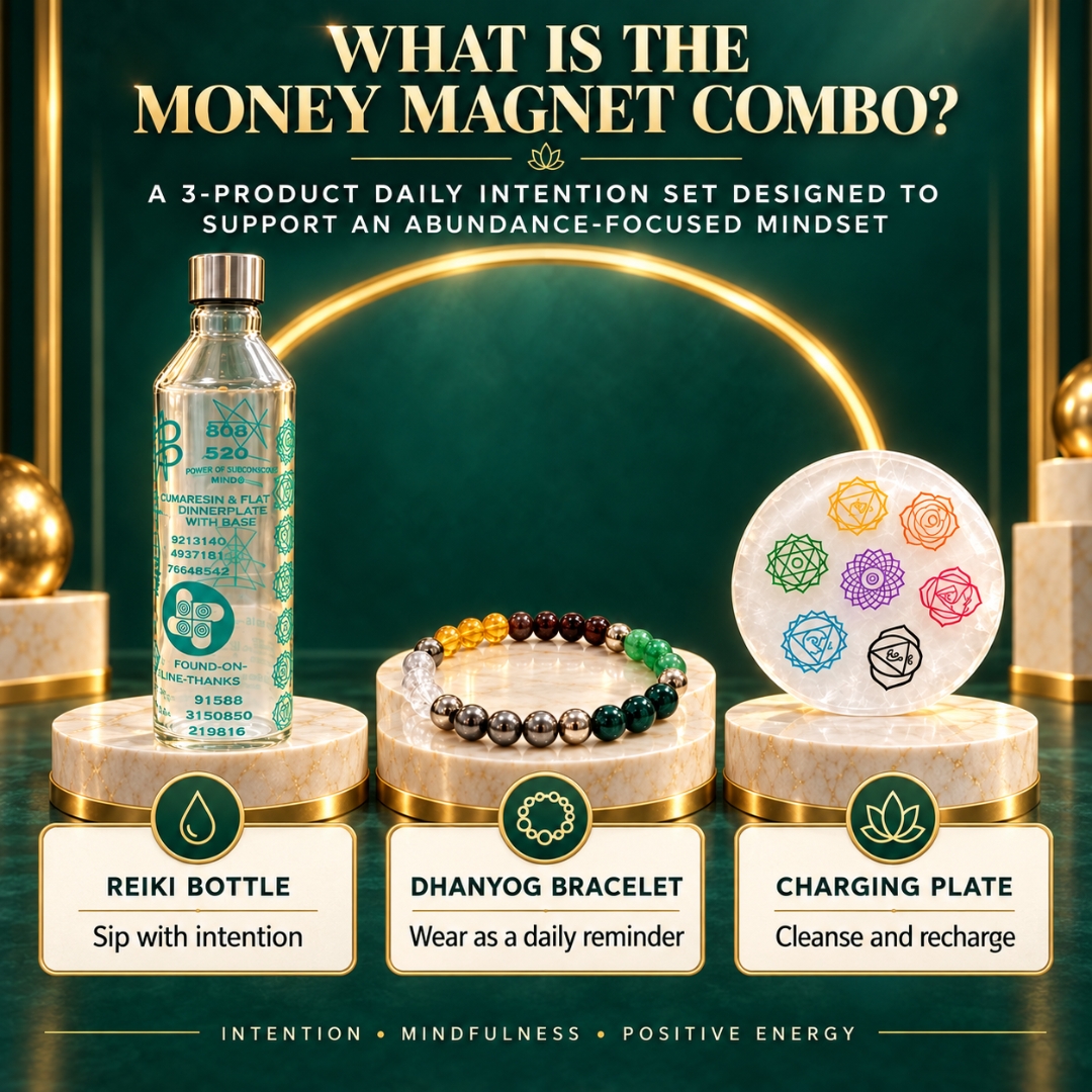 Money Magnet Reiki Bottle + Dhanyog Bracelet + FREE 7 Chakra Charging Plate ((Wealth & Abundance)