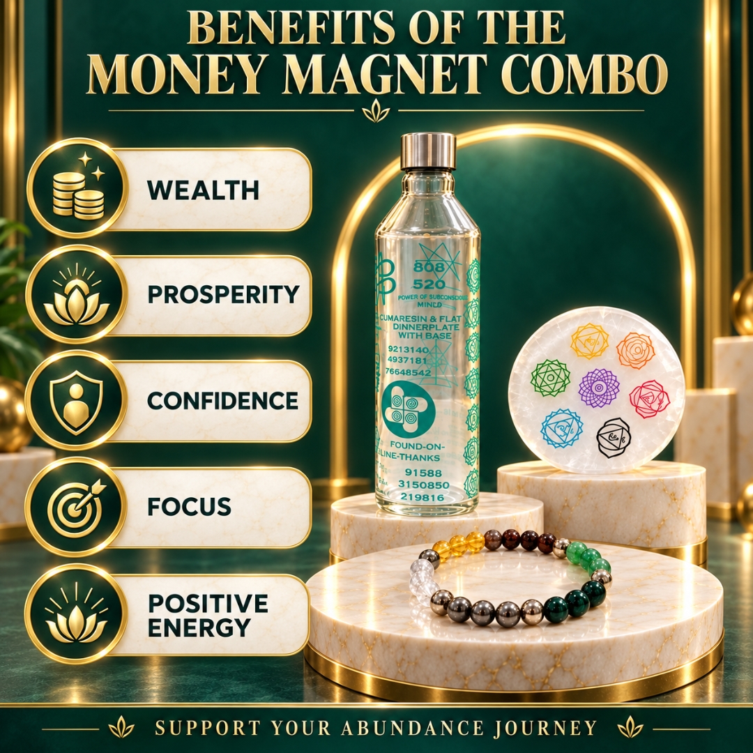 Money Magnet Reiki Bottle + Dhanyog Bracelet + FREE 7 Chakra Charging Plate